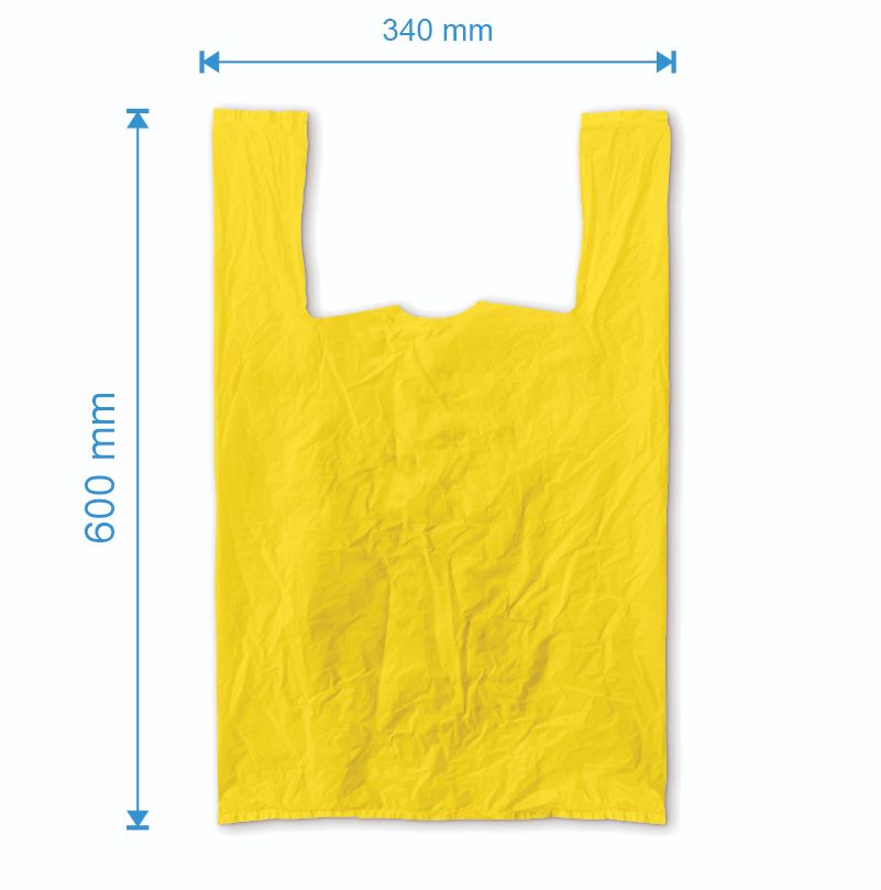 Sacosa maieu 340mm x 600mm - 50 microni grosime, cu pliuri de 100mm, reciclat, culoarea galbenă