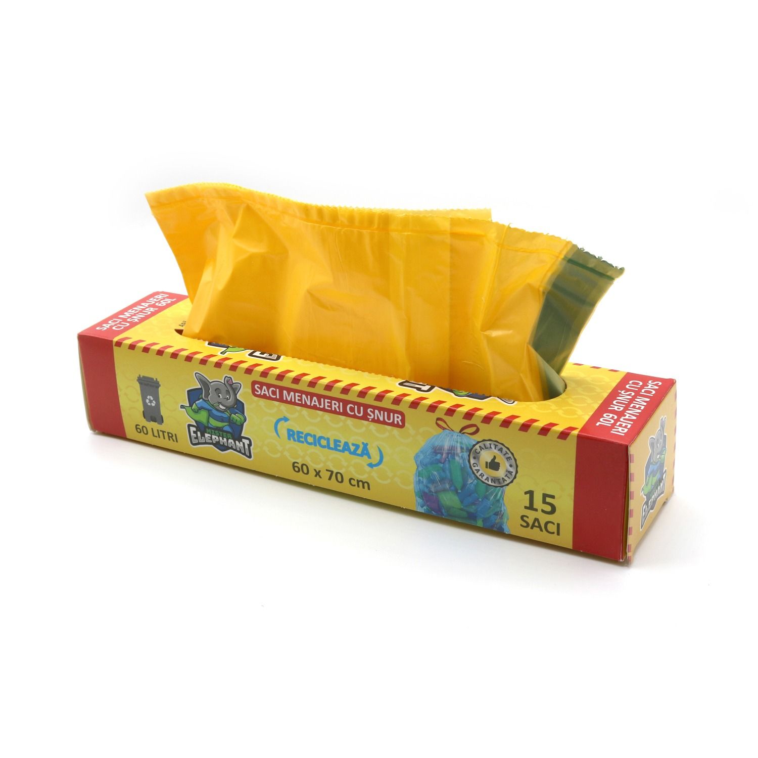 Saci menajeri cu șnur Mr. Elephant 60L, galben – 15 saci/rolă