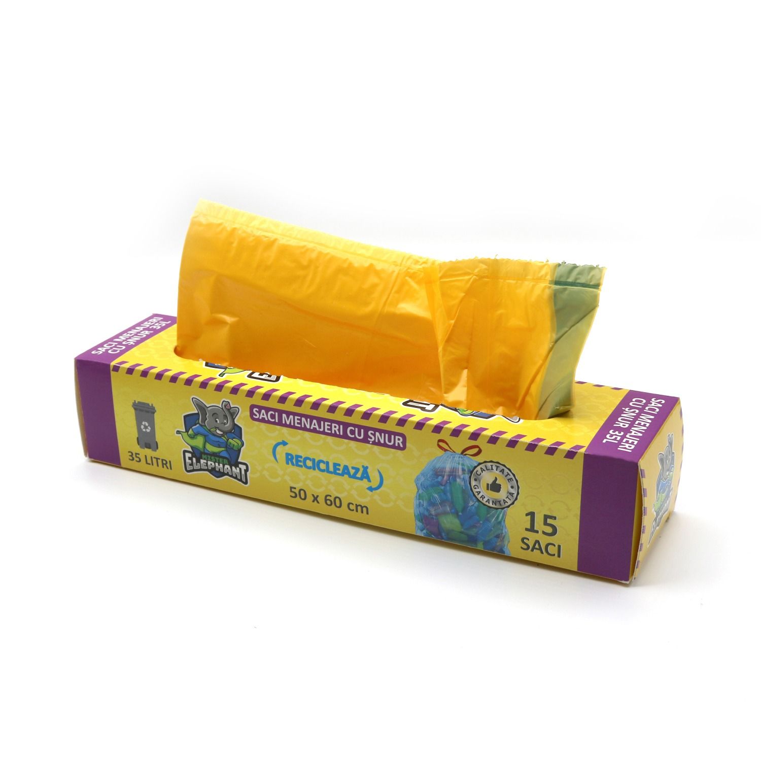 Saci menajeri cu șnur Mr. Elephant 35L, galben – 15 saci/rolă